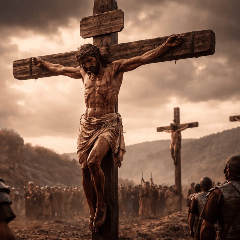 Homem coroado de espinhos crucificado em cruz de madeira, com soldados e multidão ao fundo.
