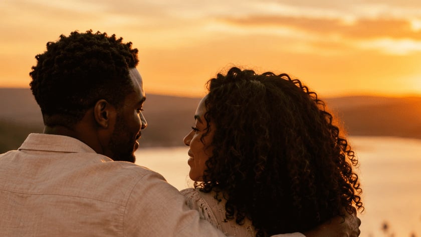 Mulher de cabelo cacheado sorri e é abraçada à beira de um lago ao pôr do sol.
