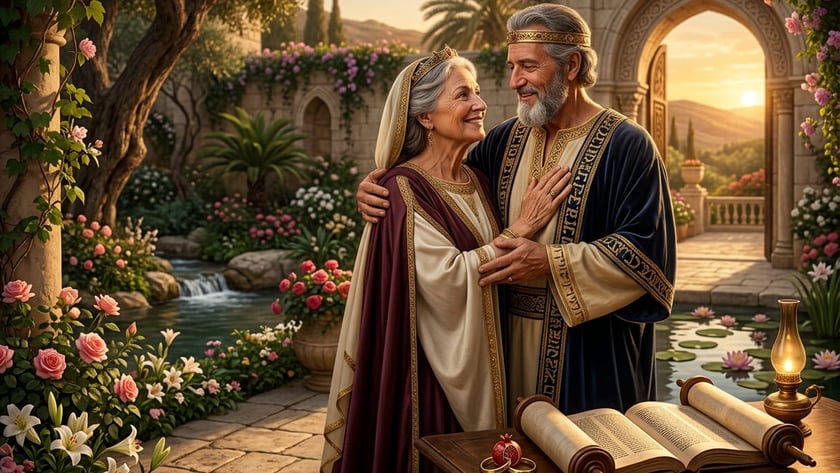 Casal de idosos com vestes antigas se abraça em um jardim florido ao pôr do sol.