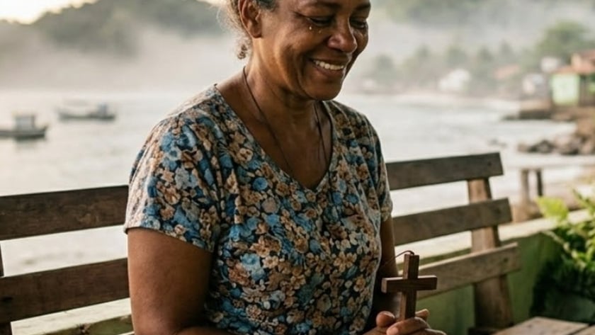 Mulher sorrindo, sentada num banco de madeira, segura uma cruz e uma Bíblia junto ao mar.
