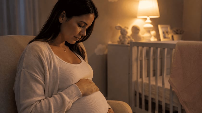 Mulher grávida sentada em poltrona, com as mãos na barriga, em quarto de bebê com berço.