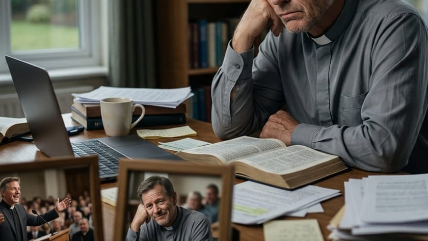 Padre de camisa cinza com colarinho clerical apoia o rosto na mão, à mesa com Bíblia e papéis.