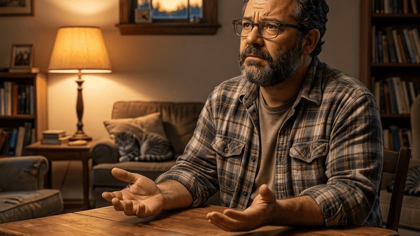 Homem barbudo de óculos e camisa xadrez gesticula sentado à mesa de madeira na sala.
