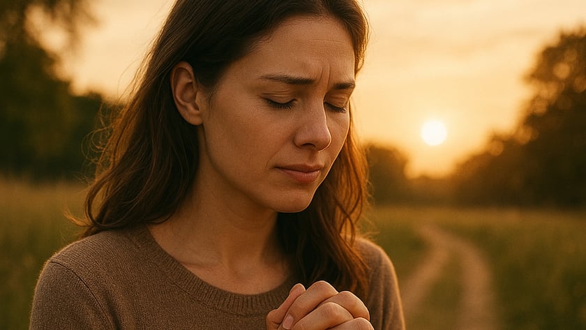 Mulher de cabelo castanho, olhos fechados e mãos unidas junto ao peito, em um campo ao pôr do sol.