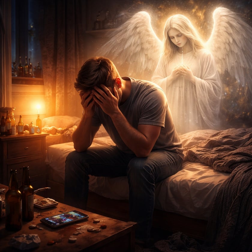 Homem sentado na cama cobre o rosto com as mãos, com um anjo atrás dele.