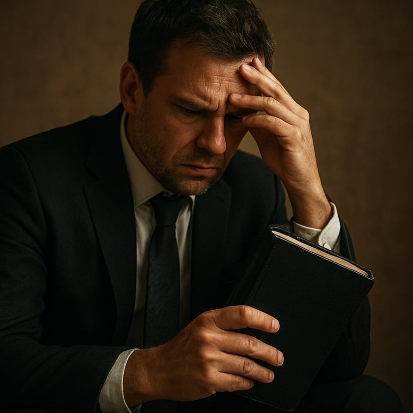 Homem de terno escuro segura um livro preto e apoia a mão na testa.