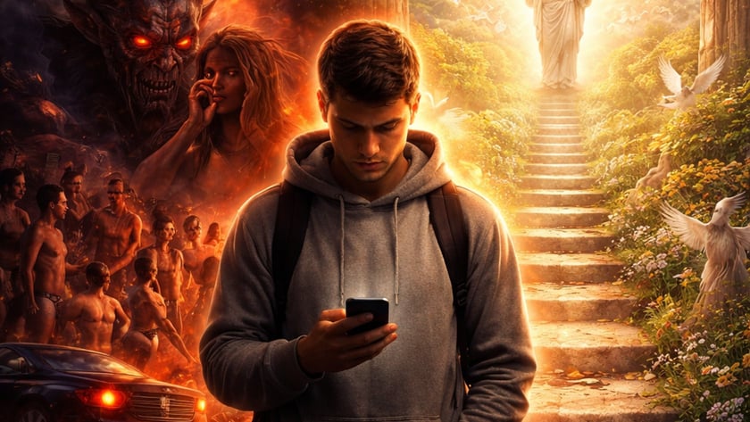 Jovem de capuz olha o celular entre um demônio em chamas e uma figura luminosa numa escada.