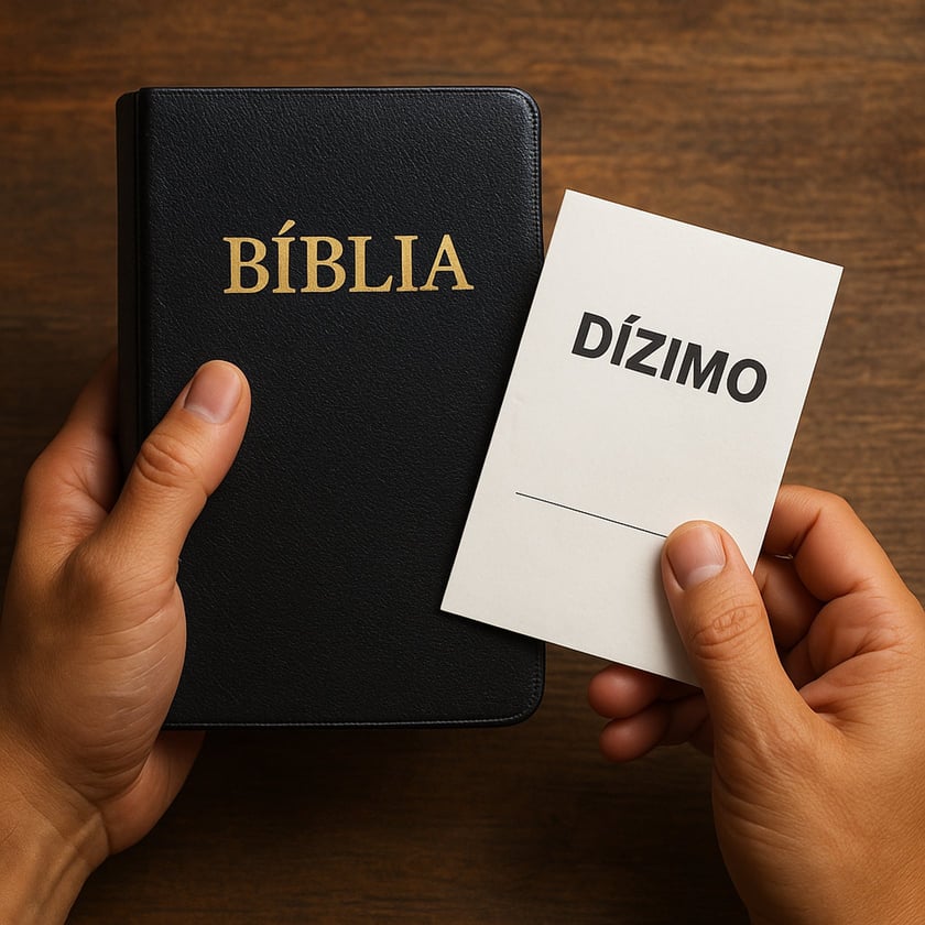 Mãos seguram uma Bíblia preta e um cartão branco com as palavras "Dízimo".