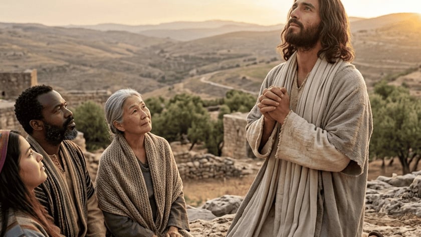 Homem de barba e manto claro ajoelhado, com mãos unidas, olha para o céu ao lado de uma idosa.