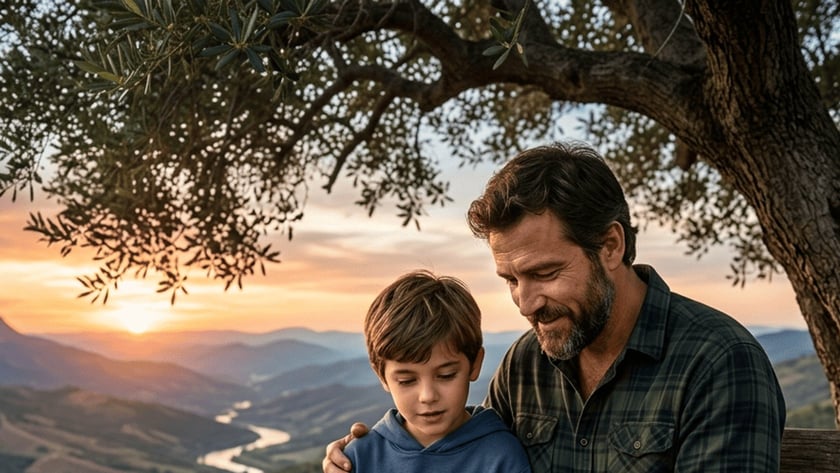 Homem e menino sentados num banco sob uma oliveira, lendo uma Bíblia grande ao pôr do sol.