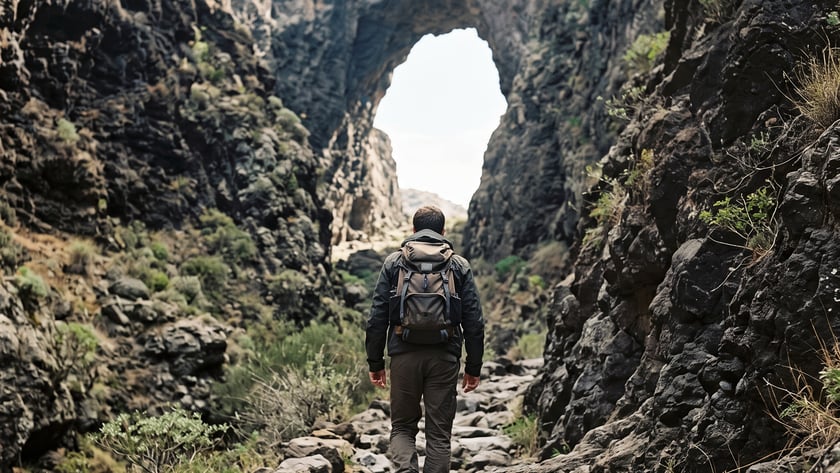 Homem de mochila caminha por trilha pedregosa rumo a um arco natural de rocha escura.
