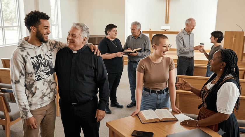 Pessoas conversam em uma capela com cruz de madeira; um padre sorri e uma jovem ri.