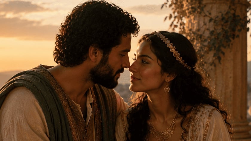 Homem barbudo e mulher de tiara sentados lado a lado, quase se beijando, ao entardecer.