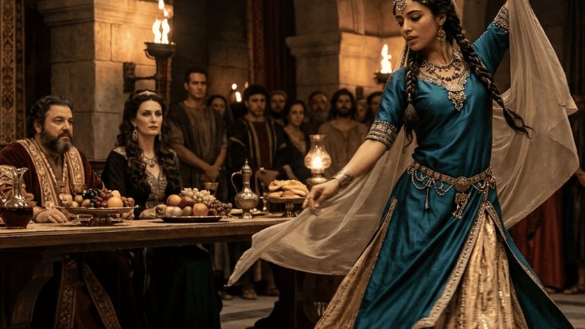 Mulher de vestido azul dança em salão de pedra diante de convidados à mesa.
