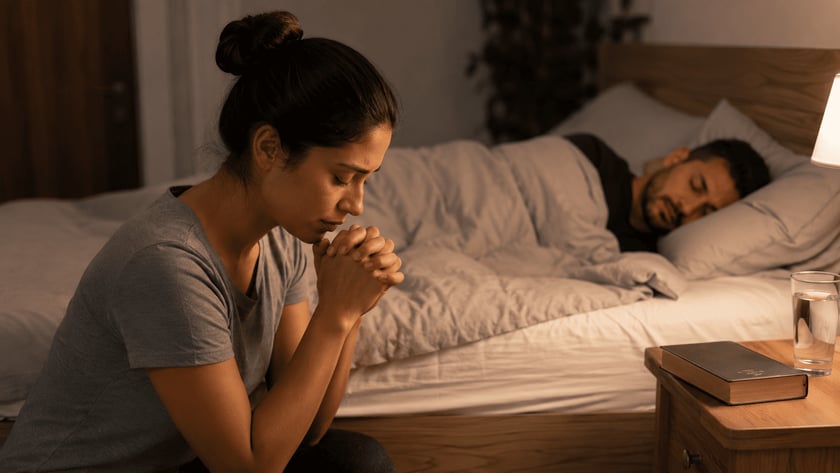 Homem dorme na cama enquanto uma pessoa, em primeiro plano, ora de mãos postas.