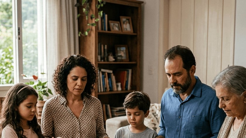 Mulher e duas crianças ajoelhadas de mãos dadas ao redor de uma mesa com Bíblia, terço e vela.