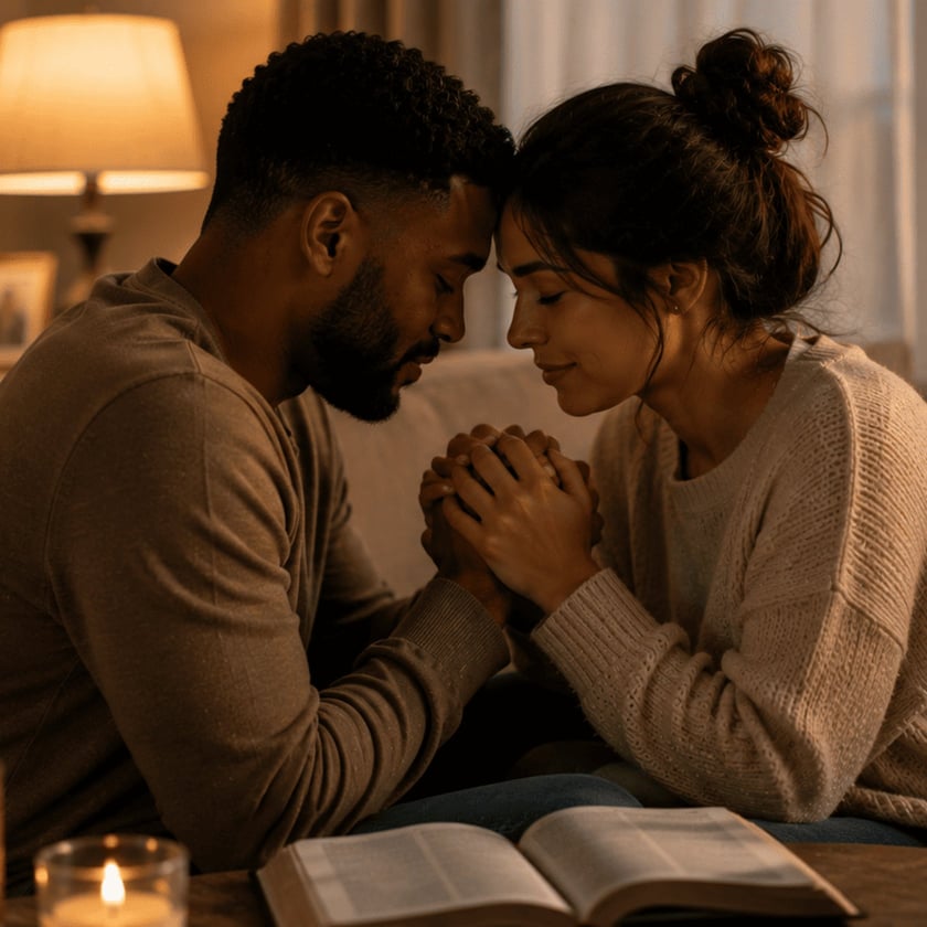 Casal sentado no sofá, com as testas encostadas e as mãos unidas, ao lado de uma Bíblia aberta.