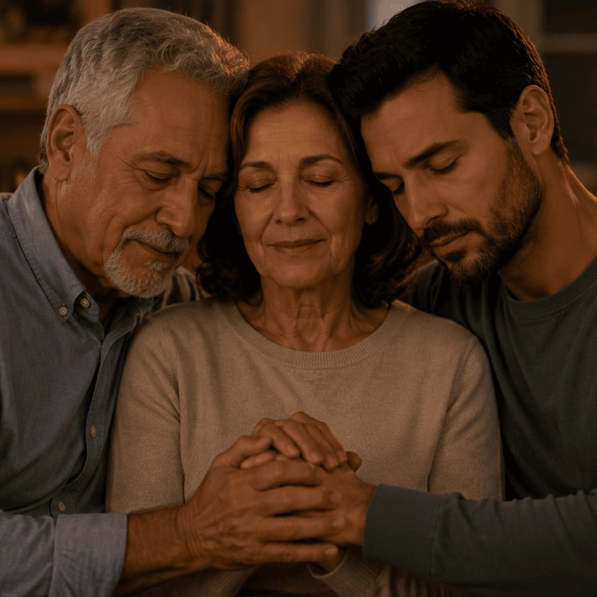 Casal de idosos de olhos fechados, abraçados no sofá, com as mãos unidas sobre o colo.