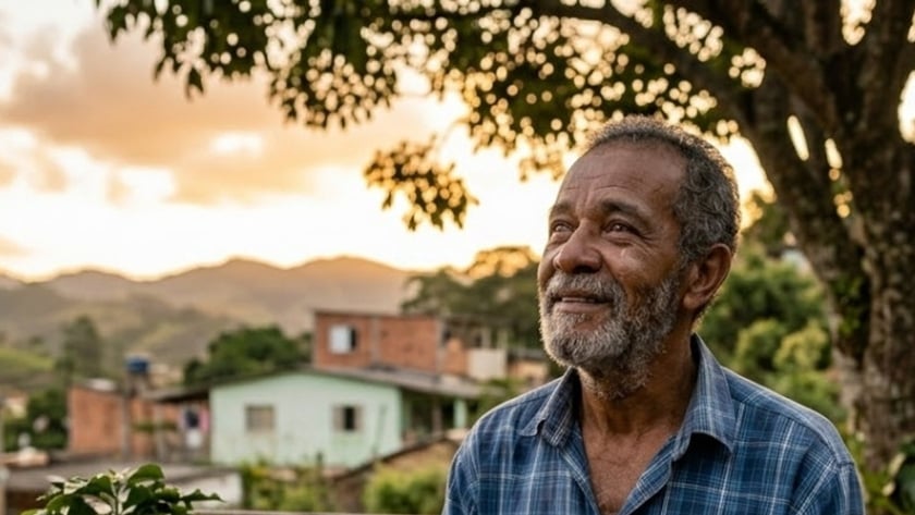 Homem idoso de barba grisalha sentado num banco com uma Bíblia aberta no colo, olhando para cima.