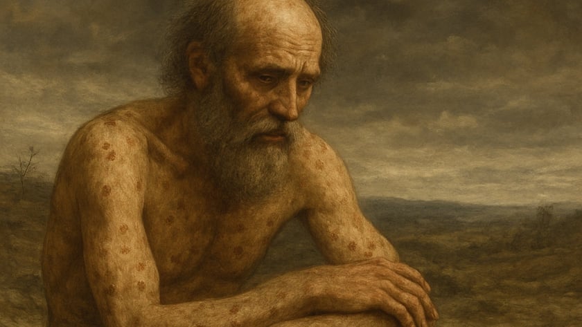 Homem idoso, barbudo e sem camisa, com manchas na pele, sentado em paisagem árida.