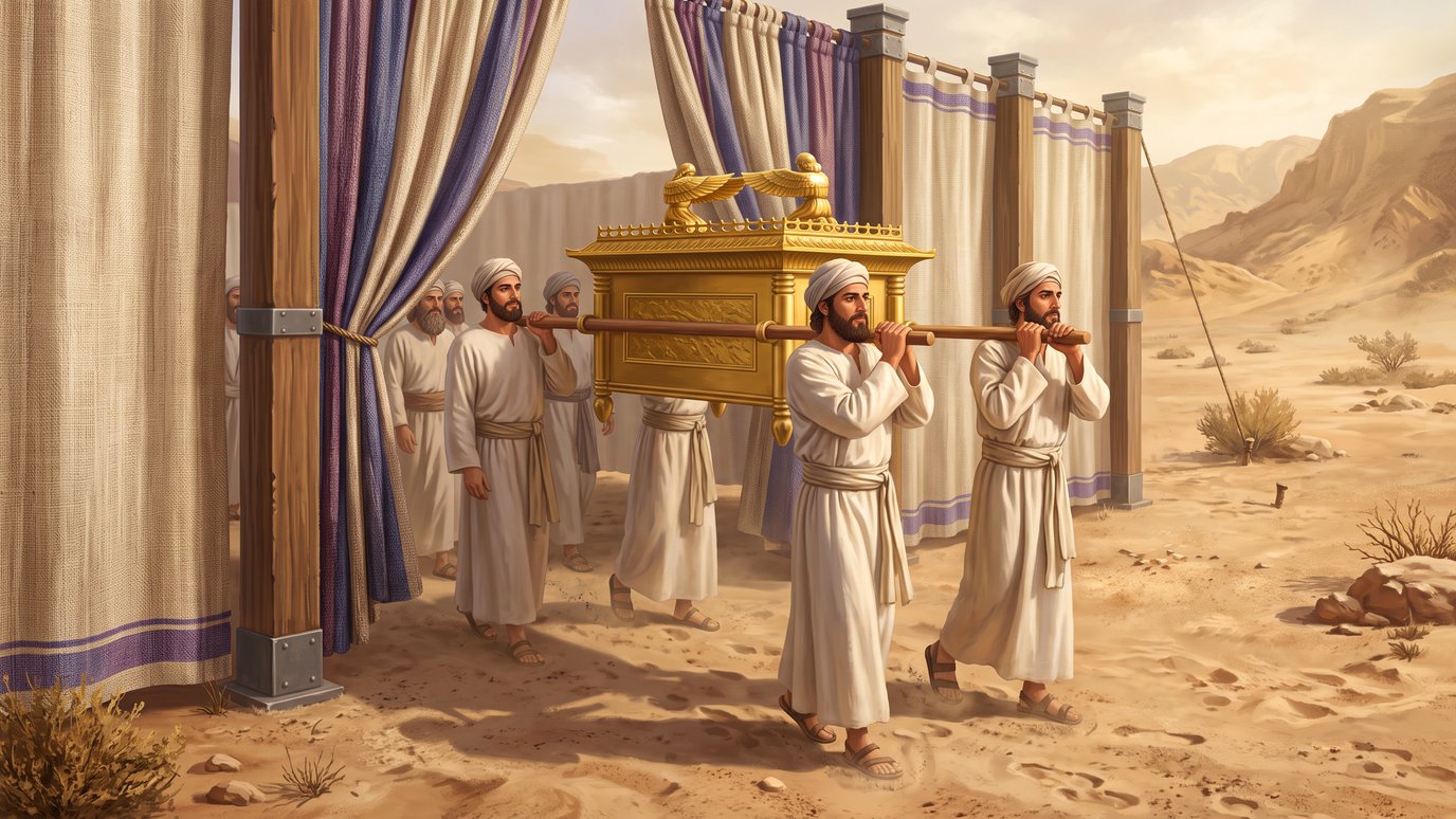 Homens de túnica branca carregam uma arca dourada sobre varas, no deserto, junto a cortinas.