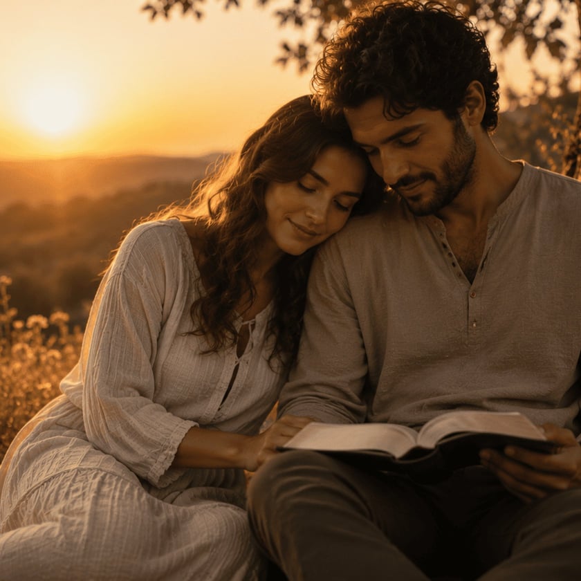 Casal sentado ao ar livre, ela com a cabeça no ombro dele, que lê um livro.