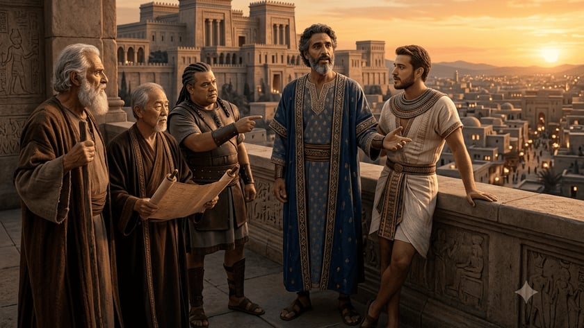 Cinco homens conversam numa sacada de pedra diante de uma grande cidade antiga ao entardecer.
