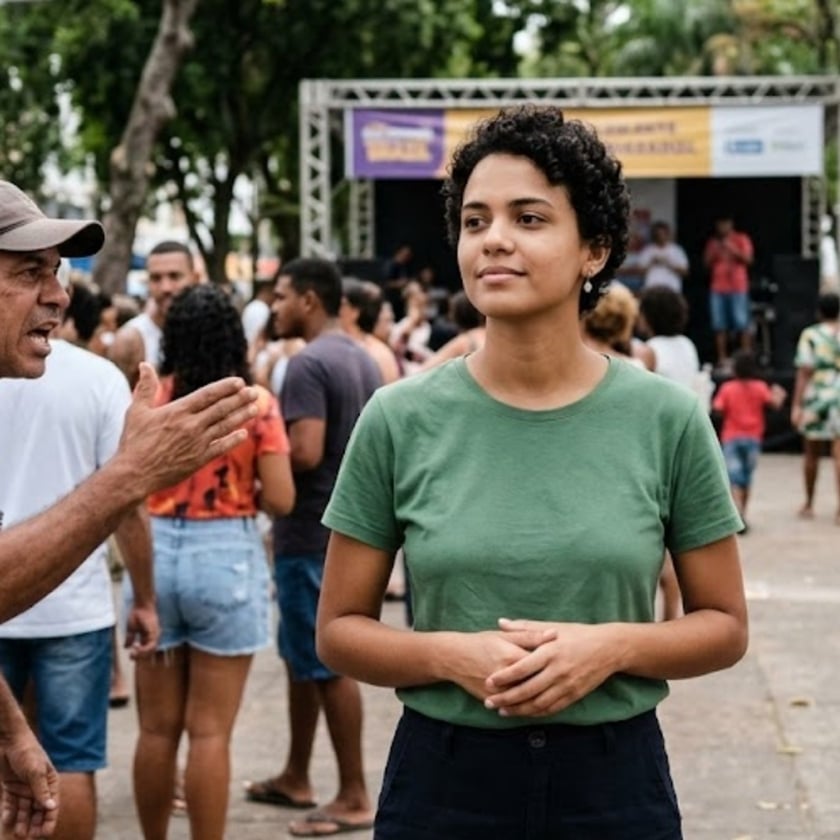 Jovem de camiseta verde observa evento ao ar livre enquanto mulher sorridente aplaude ao lado.