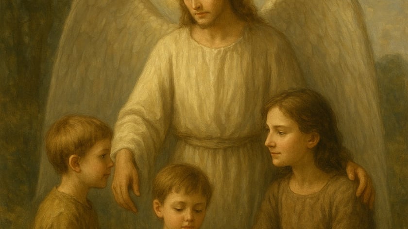 Anjo alado com auréola ampara três crianças, uma delas rezando, ao ar livre.