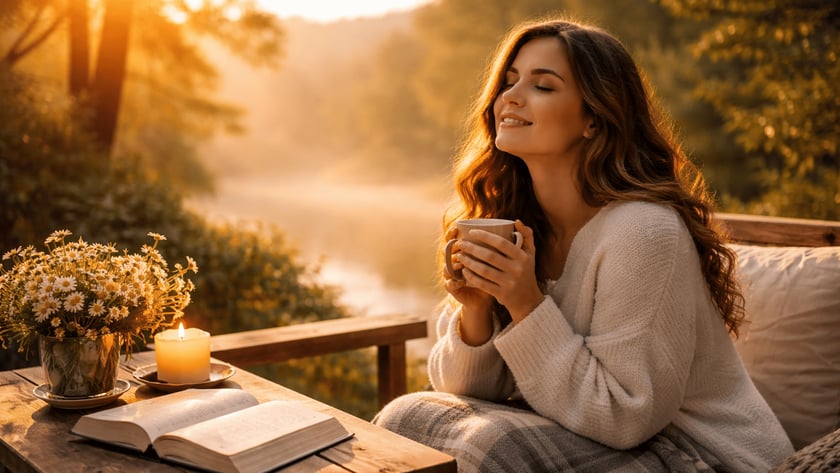 Mulher de suéter claro segura uma caneca em mesa de madeira com livro, vela e flores.