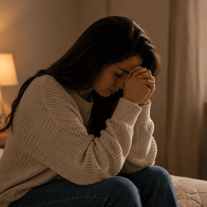 Mulher de cabelo escuro e suéter claro, sentada na cama, com o rosto apoiado nas mãos unidas.