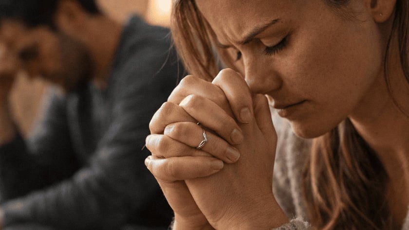 Mulher de mãos unidas e olhos fechados, com homem de cabeça baixa ao fundo.