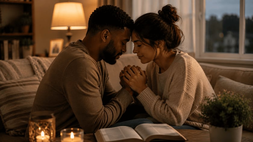 Casal sentado no sofá, com as testas encostadas e as mãos unidas, ao lado de uma Bíblia aberta.