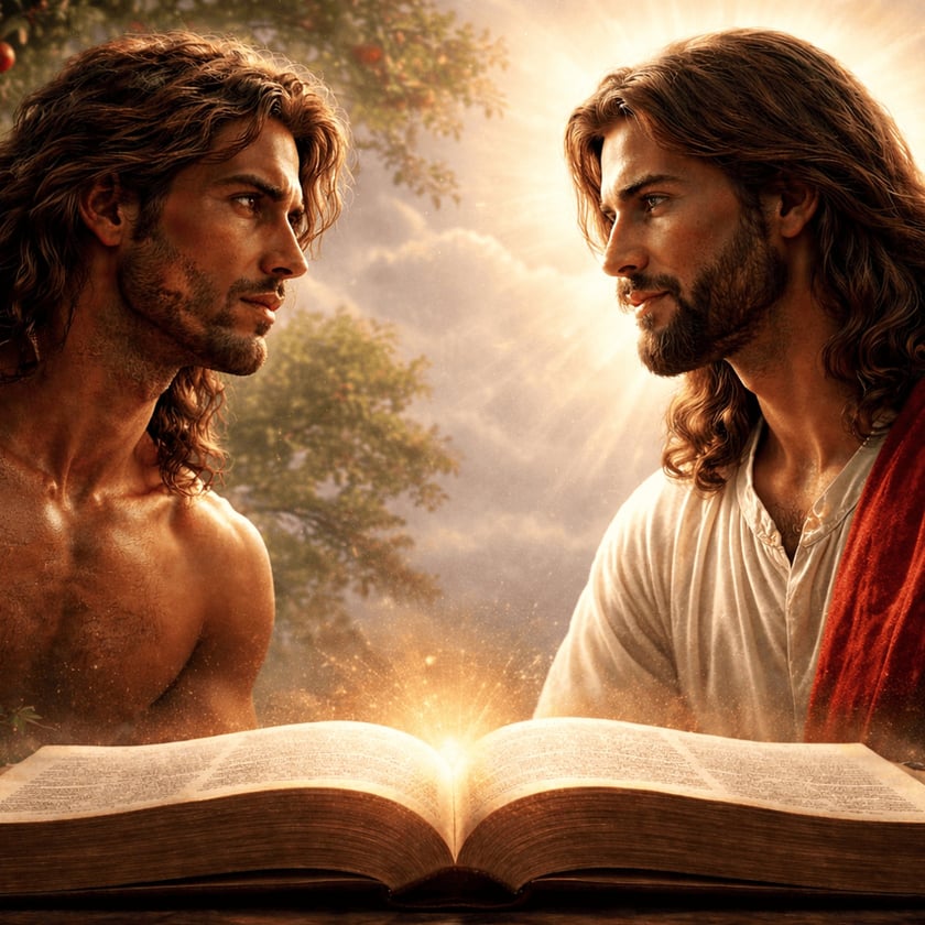 Dois homens de cabelo longo e barba se encaram diante de uma Bíblia aberta.