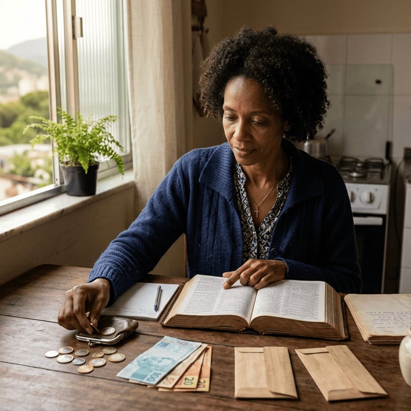 Mulher sentada à mesa lê uma Bíblia ao lado de dinheiro, moedas e envelopes.