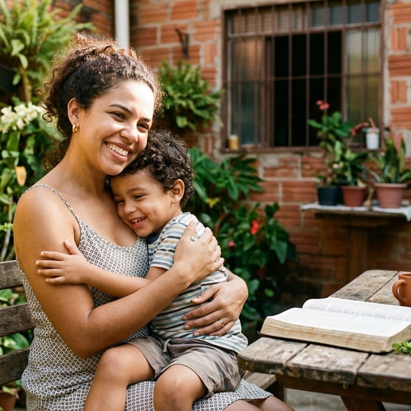 Mulher sorridente abraça um menino pequeno em um banco, em um quintal com plantas.