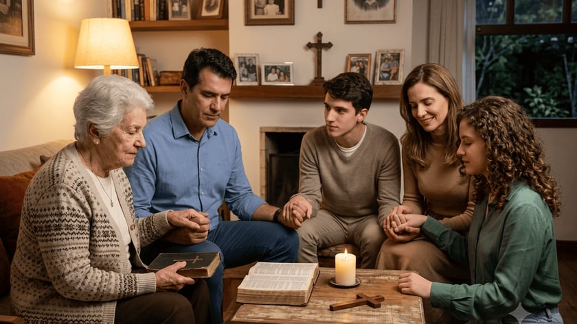 Família de mãos dadas em oração na sala, com Bíblia, vela e cruzes.