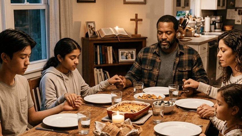 Família de mãos dadas e olhos fechados, rezando à mesa de jantar na cozinha.