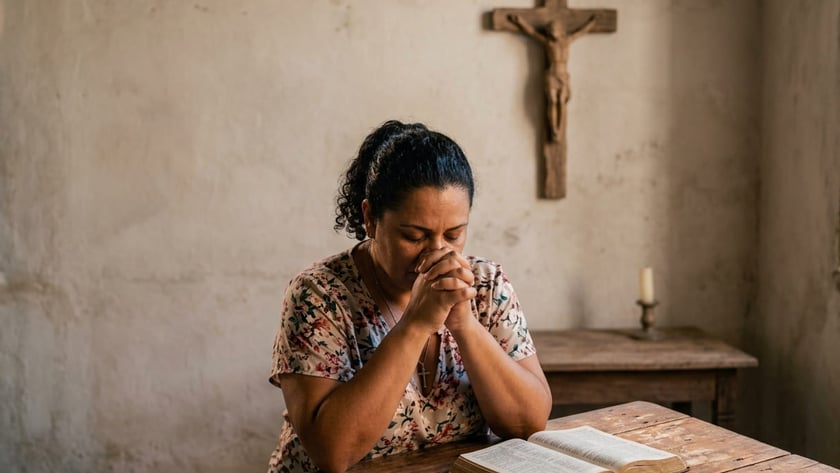 Mulher de olhos fechados e mãos juntas reza diante de uma Bíblia aberta, com crucifixo na parede.