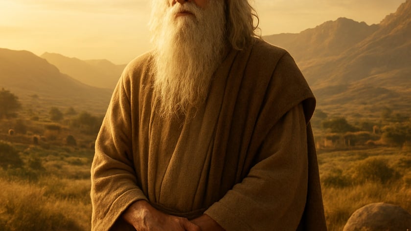 Homem idoso de barba e cabelos longos brancos, com manto marrom, em paisagem montanhosa.
