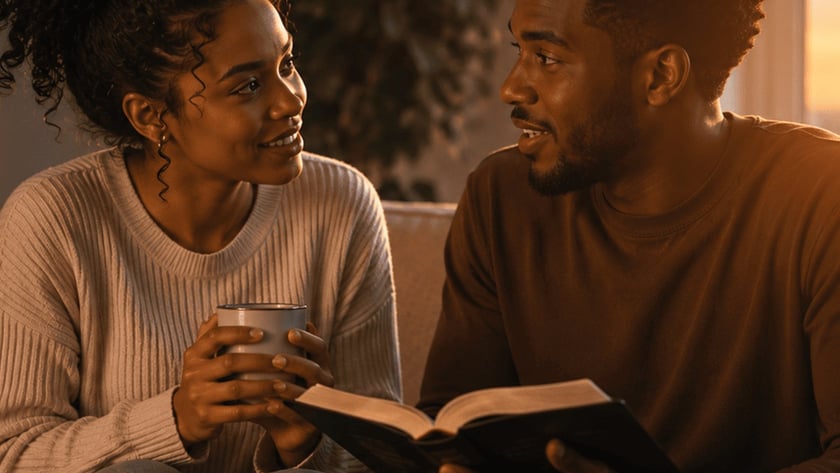 Homem segurando um livro aberto conversa com uma mulher sentada ao lado no sofá.