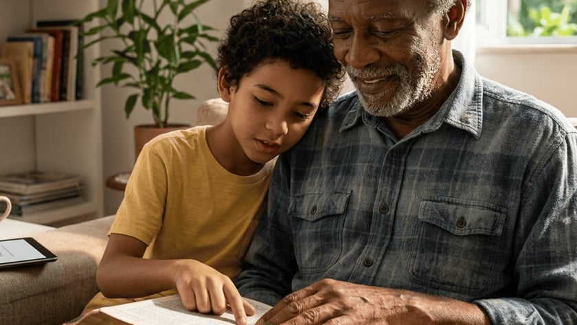 Homem idoso e menino leem juntos um livro grande em um sofá na sala.