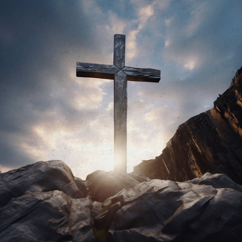 Cruz grande de pedra sobre rochedos, contra um céu nublado com sol atrás.