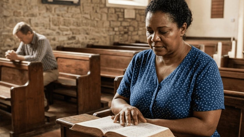 Mulher lê uma Bíblia em um banco de igreja de pedra, com um homem rezando ao fundo.