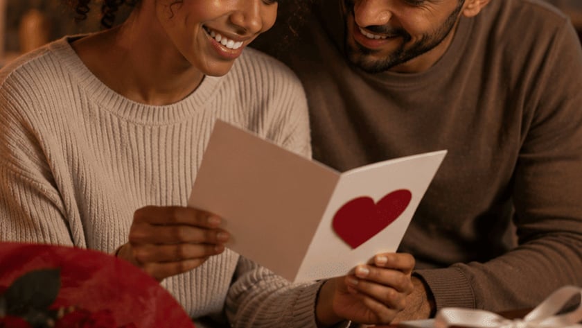 Mulher sorridente lê um cartão com coração vermelho ao lado de um homem, perto de rosas.