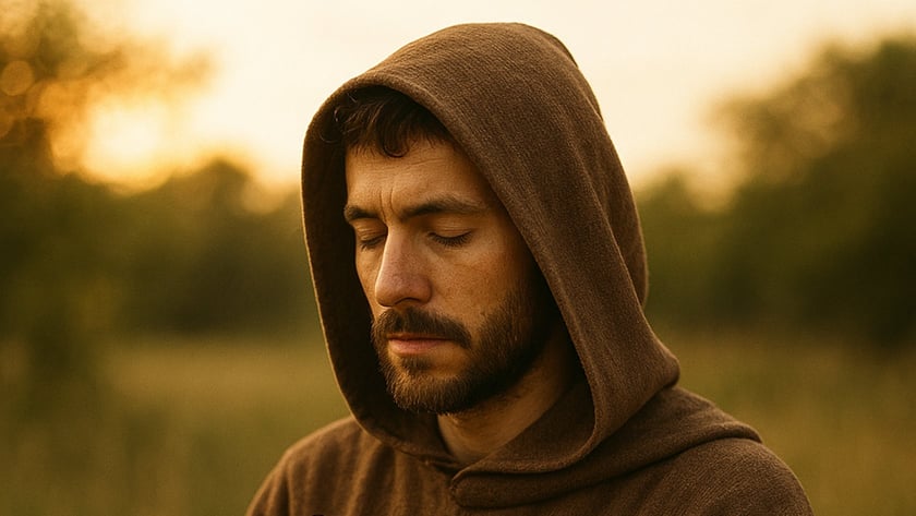 Homem barbudo de capuz marrom, olhos fechados e mãos postas, em um campo.