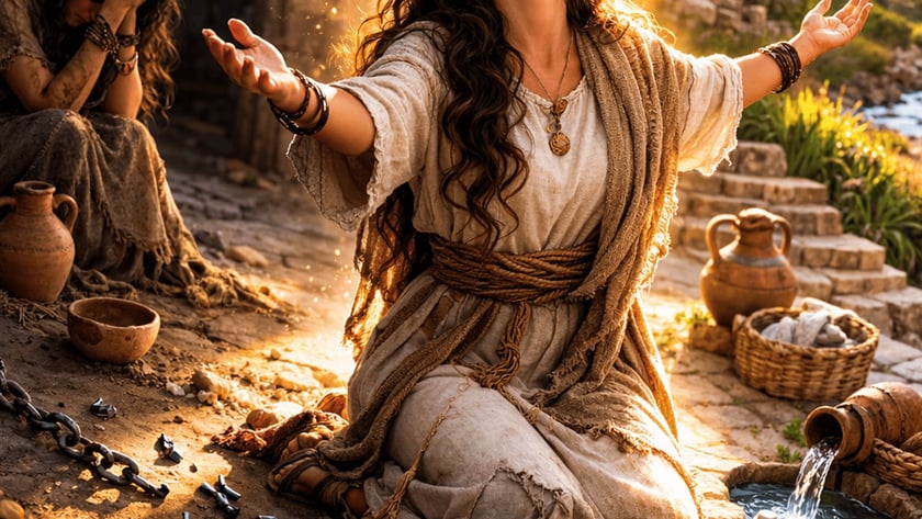 Mulher ajoelhada de braços abertos e olhos fechados, com jarros, cesta e pão ao redor.
