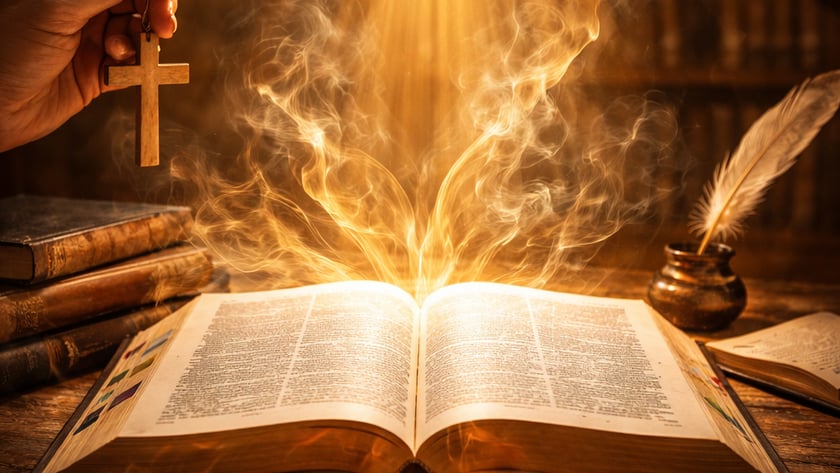 Mão segura uma cruz de madeira sobre uma bíblia aberta, com fumaça dourada e livros ao redor.