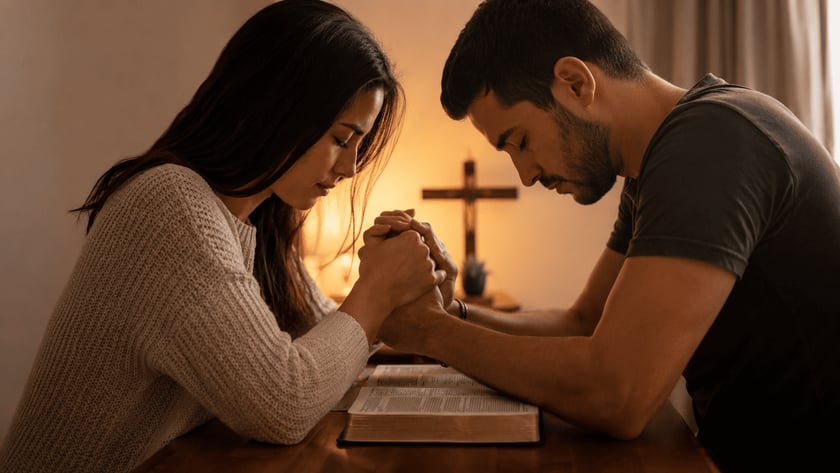 Mulher e homem de cabeça baixa, com as mãos unidas sobre uma Bíblia aberta, diante de uma cruz.