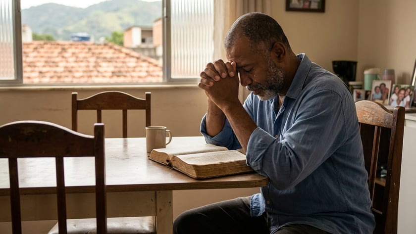 Homem de mãos postas à mesa, com Bíblia aberta e caneca, diante da janela.